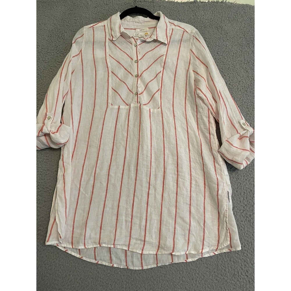 C&C California 100% Linen Popover Tunic Blouse Red Stripe Roll Tab Sleeve Sz L